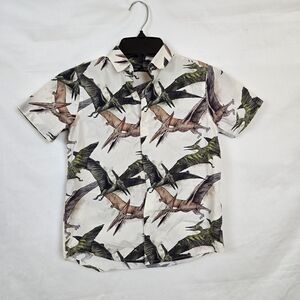 Next Boys Ivory Dinosaur Pterodactyl Print Short Sleeve Collar Preppy Shirt Sz 7